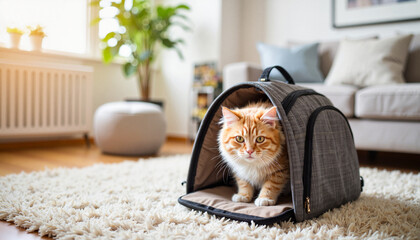 Curious cat exploring pet carrier in bright living room, discovery