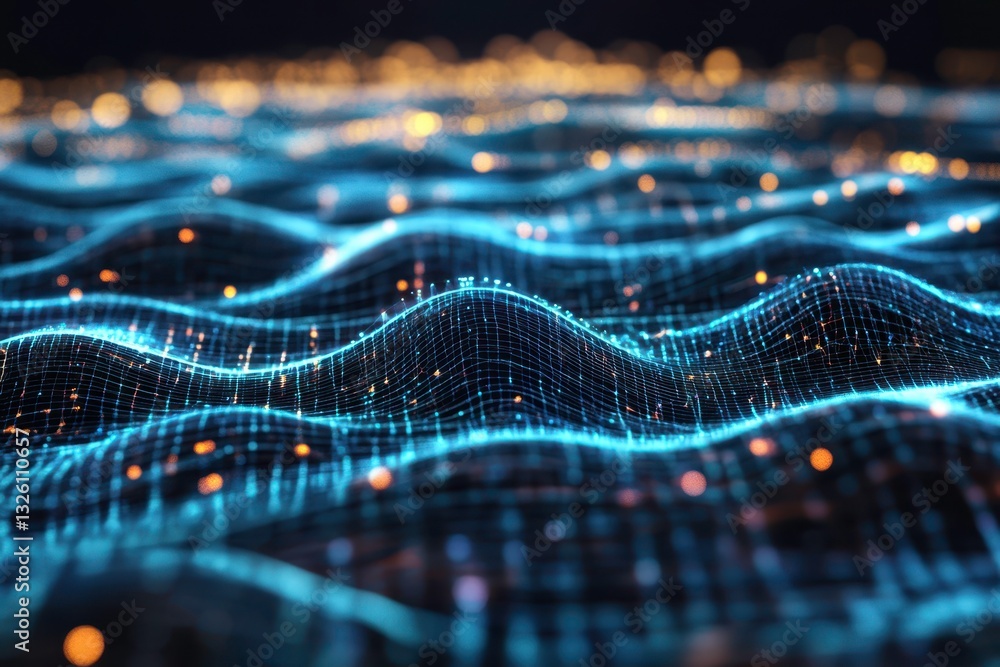 Aufkleber sci-fi technology background shows waving grid with orange lights , visualization of data connection