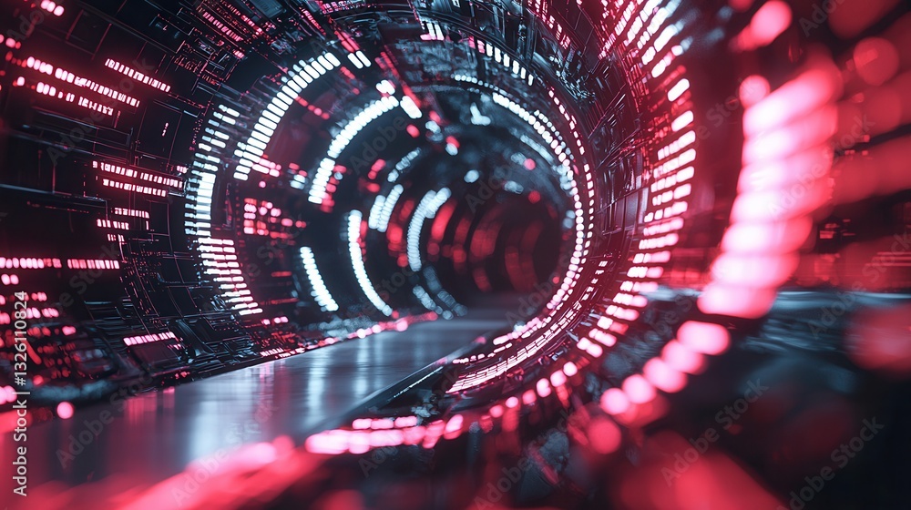 Poster a futuristic neon lit tunnel filled with dynamic pulsing data and geometric lights that create a cap