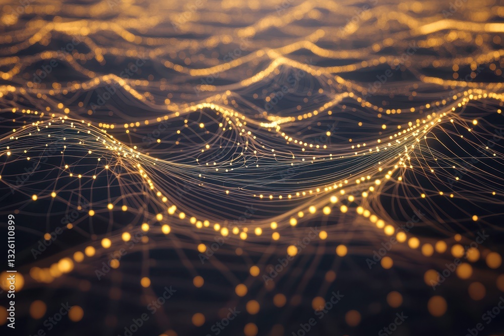 Poster golden lines with glowing dots on dark surface. abstract business network background for presentatio