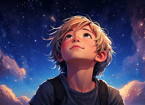 夜空を見上げる少年