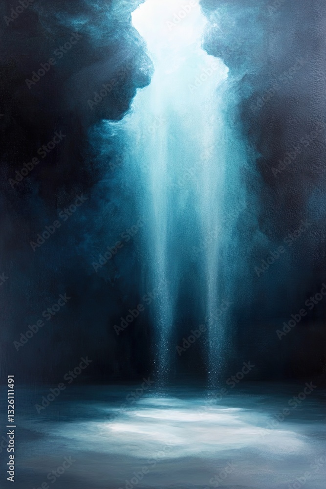 Poster deep ocean inspired painting showcases thick acrylic layers, where light filters through, creating a