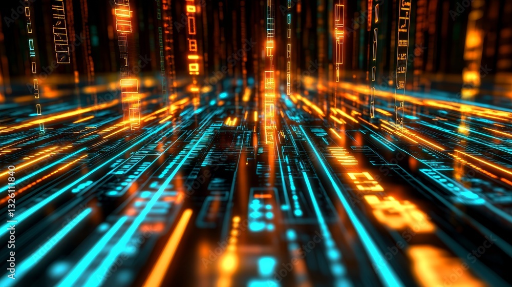 Poster abstract technology stream of data, information flow with glowing geometric shapes, big data concept