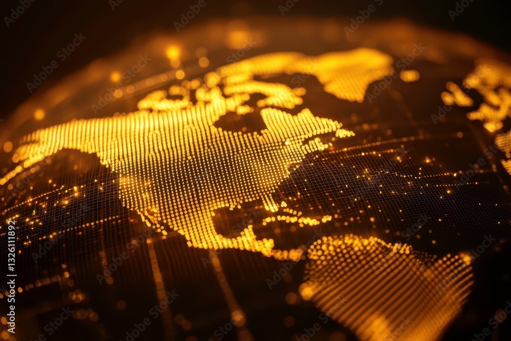 Poster golden world digital map background for technology concept. futuristic glowing earth with north amer