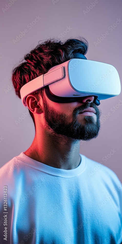 Poster man immersed in virtual reality experience, engrossed in vr headset with dynamic lighting