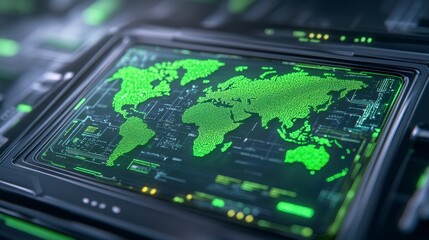 Green Digital World Map Display on Futuristic Technology Interface