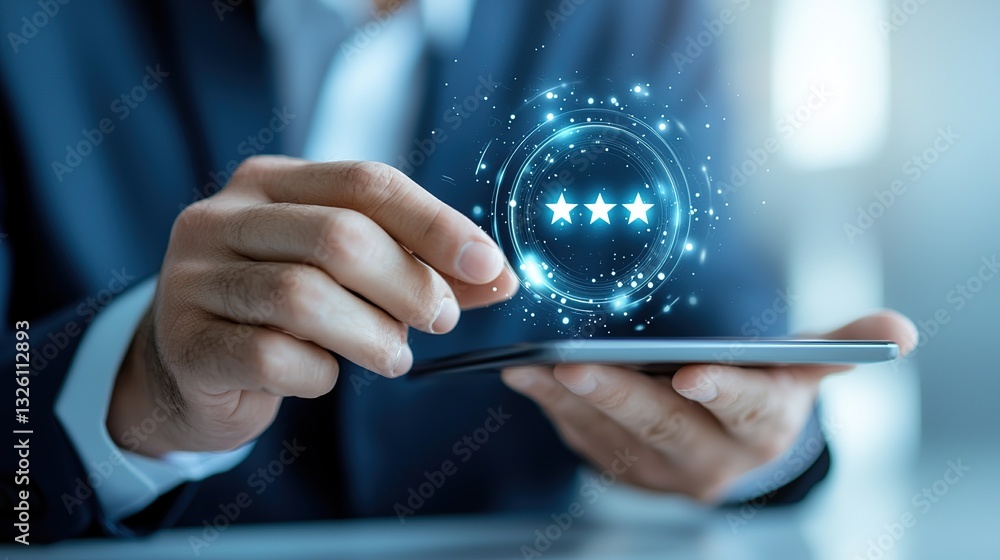 Poster a person interacting with a digital device displaying a glowing review rating.