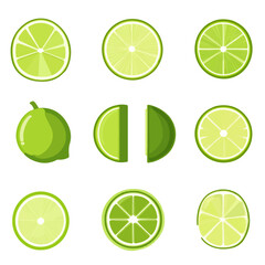 Very Simple flat 2D icon green sliced lime set collection isolated on a white background, vector, flat design, animation design, simple flat 2D icon, minimalist design, clipart