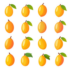 Very Simple flat 2D icon orange mango set collection isolated on a white background, vector, flat design, animation design, simple flat 2D icon, minimalist design, clipart