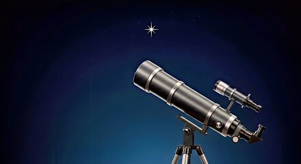 Fototapeta premium A Stylized Telescope, Rendered in Dark Grey and Silver Textures With a Clear Glass Lens, Pointed Upwards Towards a Dark Blue Gradient Suggesting a Night Sky