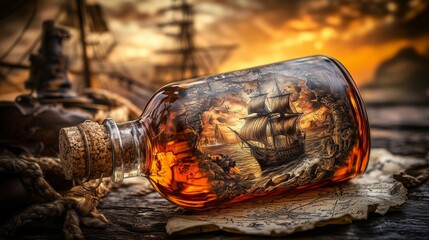 Pirate Bottle of Rum with antique map of treasure island, pirates theme on background.