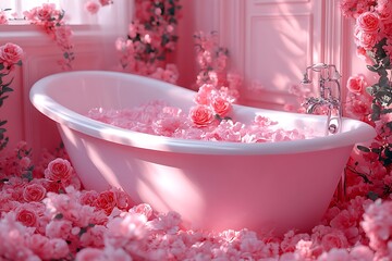 A pink bathtub filled with rose petals and flowers throughout