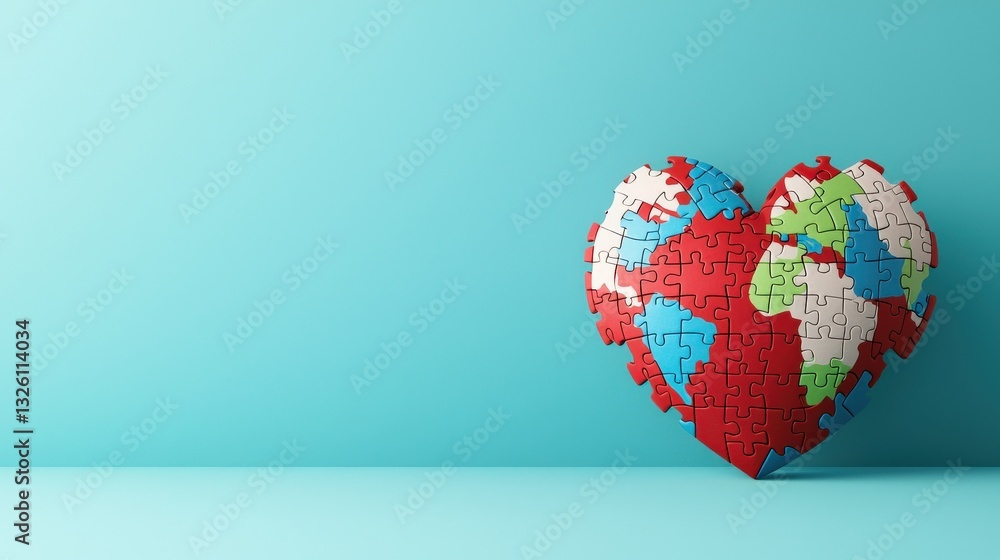 Poster a 3d rendering of a heart-shaped globe with puzzle textures