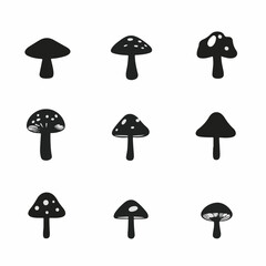 Very Simple flat 2D icon black and white mushroom set isolated on a white background, vector, flat design, vector, flat design, animation design, 2D icon, minimalist design