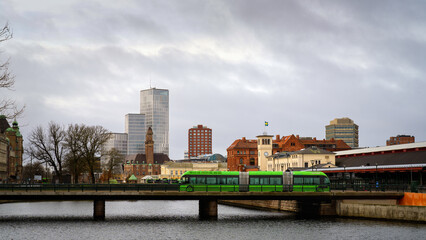 A double articulated electric bus leaving Malmo Central Station in Malmo, Sweden.