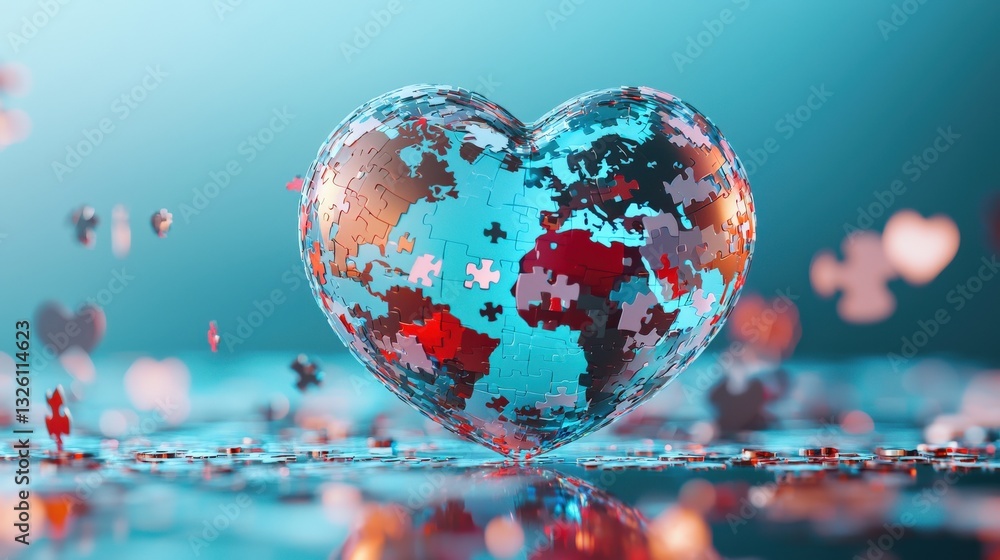 Poster a 3d rendering of a heart-shaped globe with puzzle textures