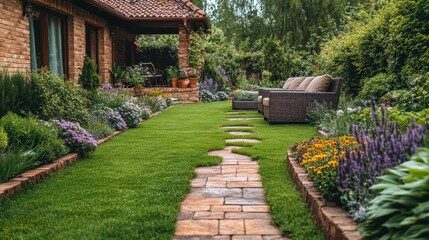 Beautiful spring residential backyard terrace filled with flowers and cozy outdoor seating