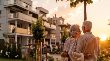 Naklejka premium Romantic Sunset Embrace of Older Couple in Urban Garden Setting