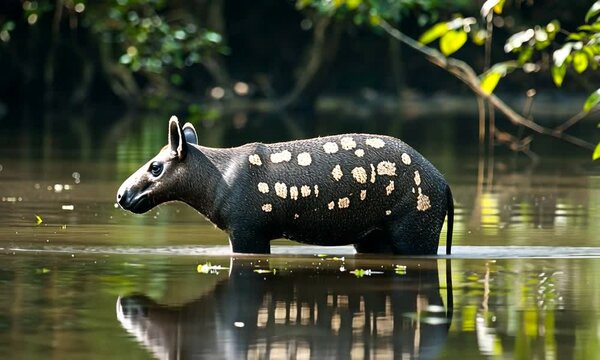 A tapir wading through a serene rainforest river, surrounded by lush greenery and reflections