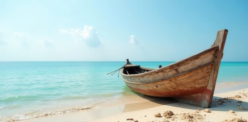 Fototapeta premium Rustic old fishing boat on sandy beach, calm sea , horizontal, dunes, shore