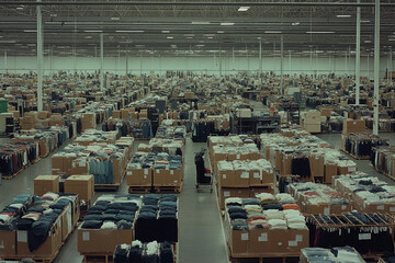 Warehouse filled with organized and labeled clothing packed for distribution in a large facility