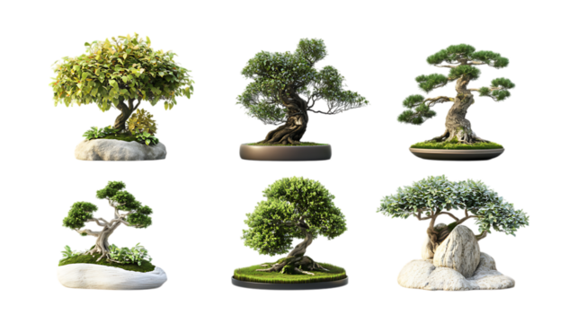 PNG Bonsai Set in Different Poses on Transparent Background for Botanical Design, Zen Aesthetic, or Miniature Tree Illustration