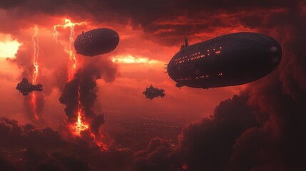 Airships fly amidst fiery storm clouds over city. Sci-fi disaster concept art