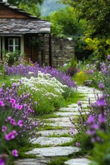 Charming garden pathway with blooming lavender and wildflowers leading to a cozy cottage in a peaceful setting