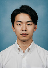 Fototapeta premium 日本人男性のポートレート、証明写真、上三分身、青背景