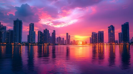 Fototapeta premium Vibrant cityscape at sunset with a stunning sky