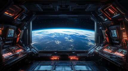 Earth View From Spaceship Window with Futuristic Interior and City Lights