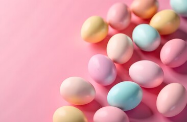 Colored eggs on a gently pink background. Easter background with eggs in pastel shades. There is a space for the text.