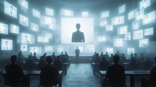 Large group of people attending a virtual presentation with many video conference participants on screens.