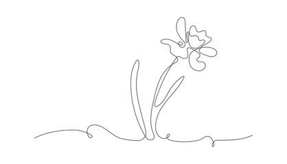 Narcissus flower in the style of drawing a continuous line. Horizontal floral border of the first spring flowers in the form of line art. Minimalistic black linear design, vector illustration