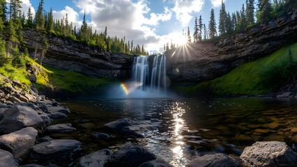 Fototapeta premium A scenic waterfall surrounded by lush greenery and trees, reflecting sunlight with a rainbow in the mist. Concept Scenic Waterfall, Lush Greenery, Sunlight Reflection, Misty Rainbow