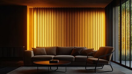Modern living room, warm lighting,  sofa, armchair, garden view, interior design
