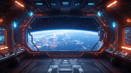 Earth View From Spaceship Window with Starry Sky and Futuristic Interior