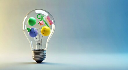 A Stylized Lightbulb, Crafted From Clear Glass, Containing Abstract Geometric Shapes in Soft Pastel Colors