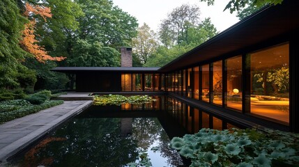 Fototapeta premium Tranquil Modern Residence: Architectural Marvel Reflected in Serene Waterscape