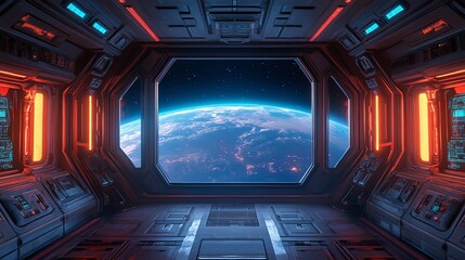 Obraz premium Earth Viewed From Spacecraft Interior Window Futuristic Sci-fi Space Travel