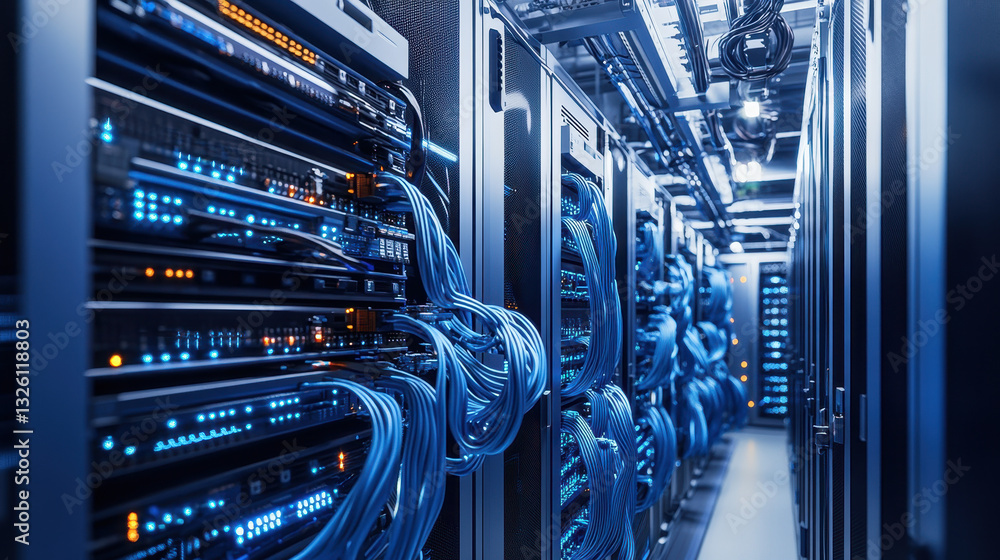 Poster a modern data center with rows of blue server cabinets, connected by network cables and monitoring e