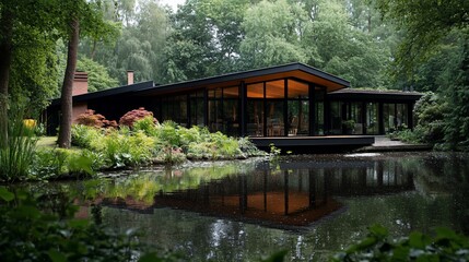 Fototapeta premium Modern Waterfront Home Amidst Verdant Foliage Reflecting on Tranquil Pond