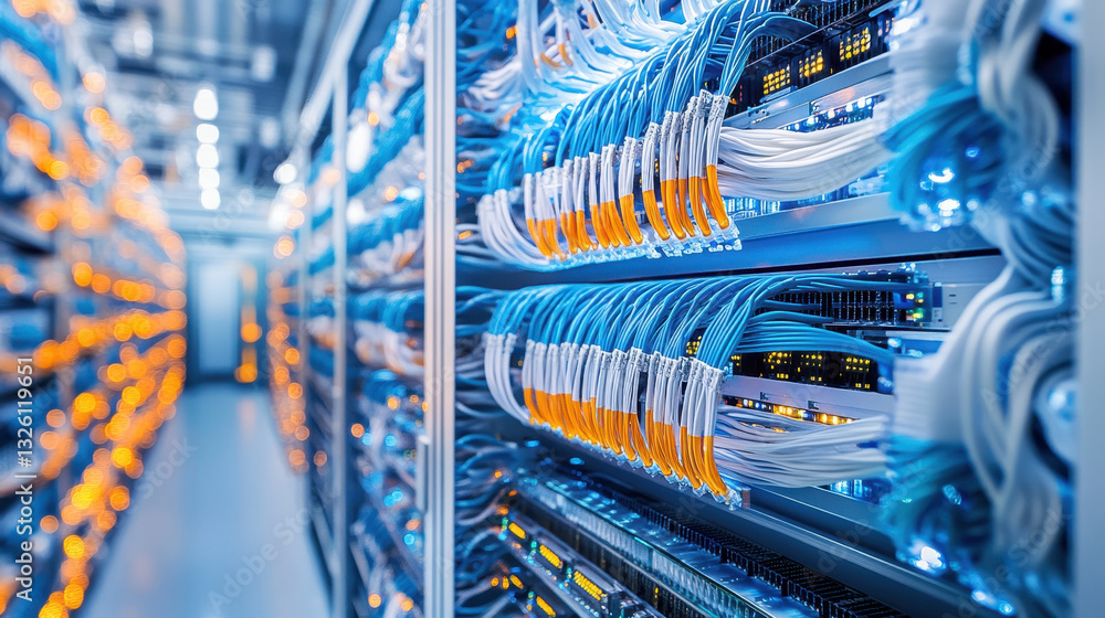 Poster a modern data center with rows of blue server cabinets, connected by network cables and monitoring e