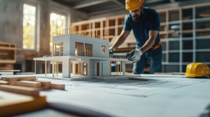 Fototapeta premium Architect's meticulous work on a house model, showcasing his dedication and precision in the design process.