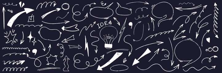 Arrow sketch with texture crayon chalk. Scribble hand drawn set arrow, bubble and underline white on black background. Underline crayon chalk set, Vector illustration