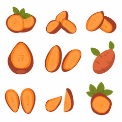 Very Simple flat 2D icon sliced sweet potato with green leaves set isolated on a white background, vector, flat design, vector, flat design, animation design, flat 2D icon, minimalist design, vector