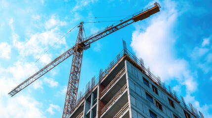 Construction Site under Blue Sky, Tower Crane and Building Under Construction