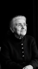 Fototapeta premium Elegant elderly woman gazing thoughtfully in black and white 