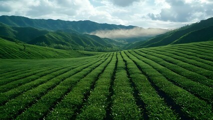 A lush green tea plantation with neatly arranged rows, set against rolling hills and a misty mountainous backdrop. Concept Lush Tea Plantation, Neatly Arranged Rows, Rolling Hills