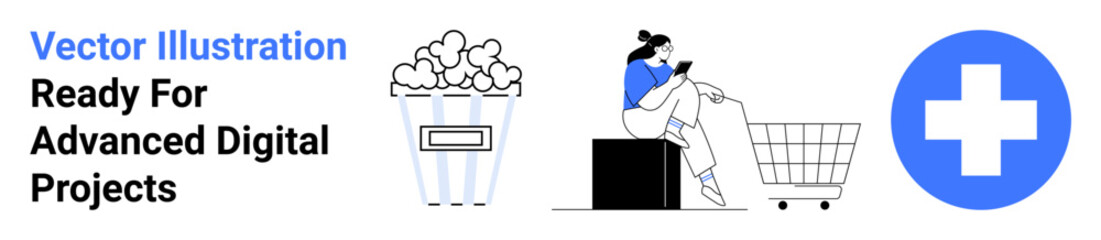 Fototapeta premium Popcorn bucket, online shopper browsing on phone, shopping cart, and health cross icon. Ideal for ecommerce, wellness, entertainment, consumer behavior, digital trends marketing flat landing page